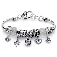 Birthstone Silvertone Bali-Style Beaded Charm Bracelet 8"