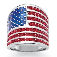 2.08 Cttw. Simulated Red Ruby Silvertone Patriotic American Flag Wide Band Ring