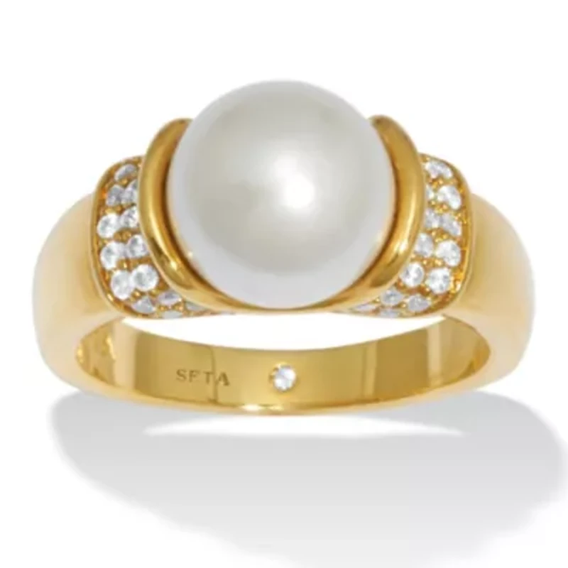 .32 TCW CZ and Round Simulated Pearl Yellow Gold-Plated Ring