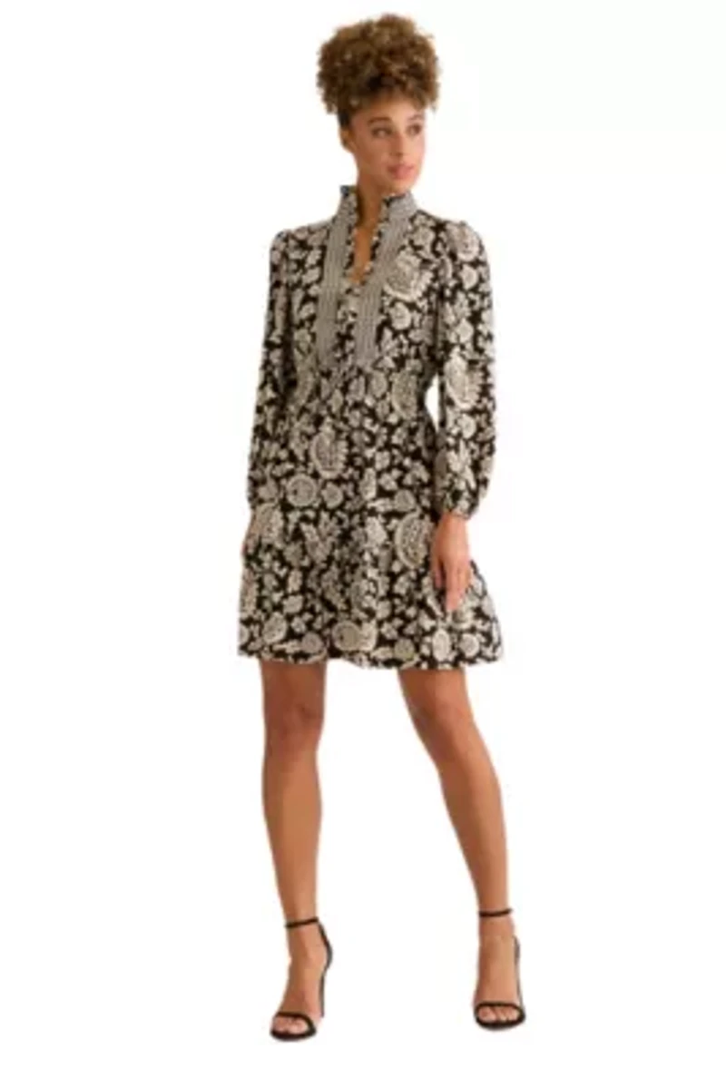 SMOCKED WAIST RUFFLE NECK LONG SLEEVE DRESS