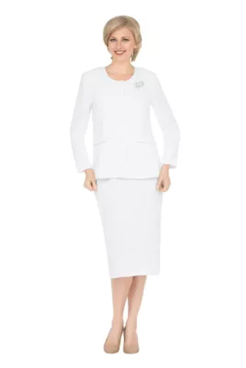 2-piece Collarless 4-button Skirt Suit with Brooch
