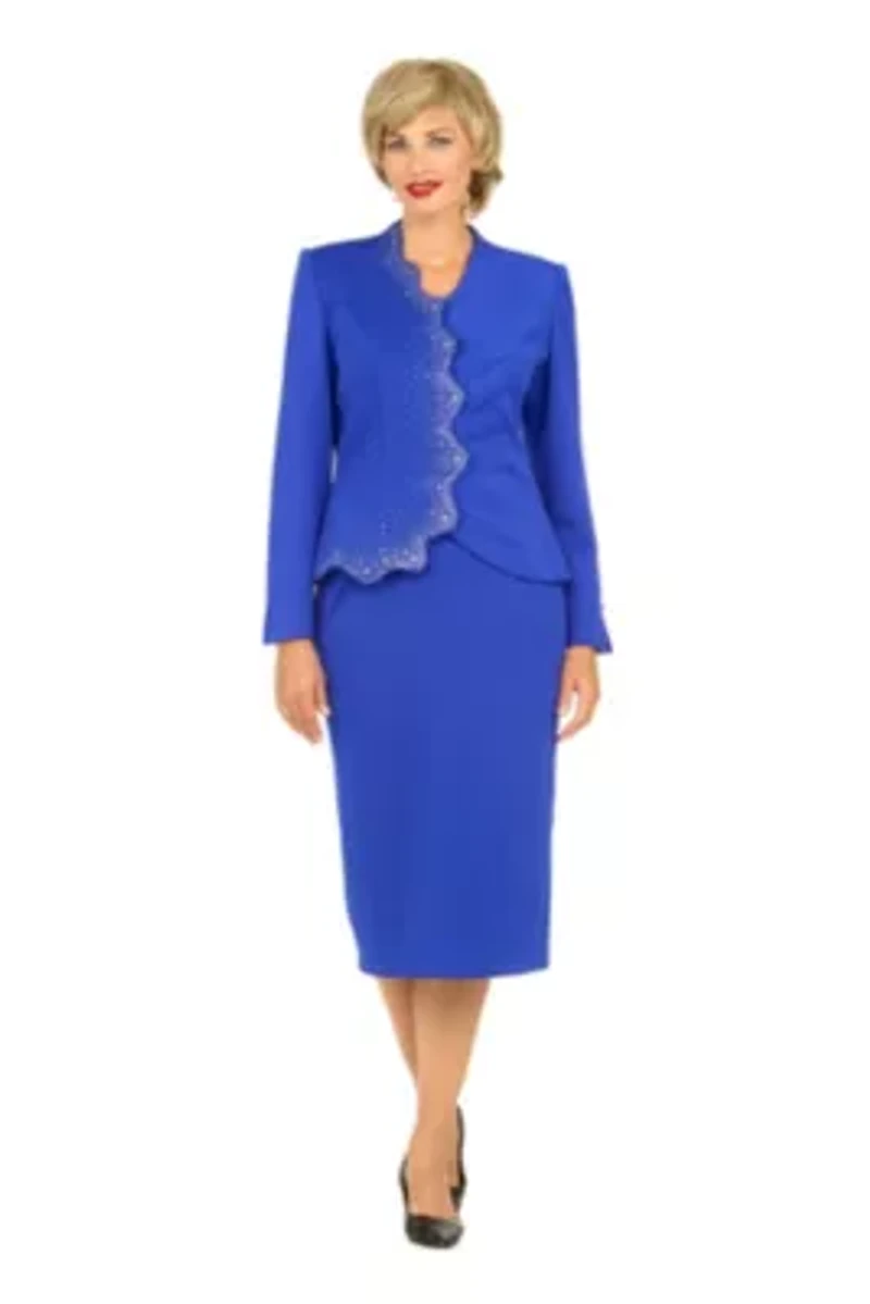 2-piece Scalloped Asymmetric Jacket Skirt Suit with Rhinestone Accents