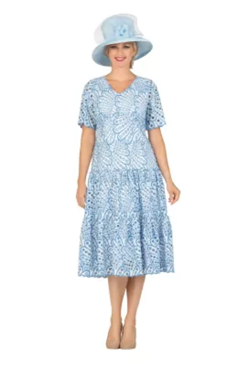 V-neck Short Sleeve Cotton Blend A-line Tiered Eyelet Dress