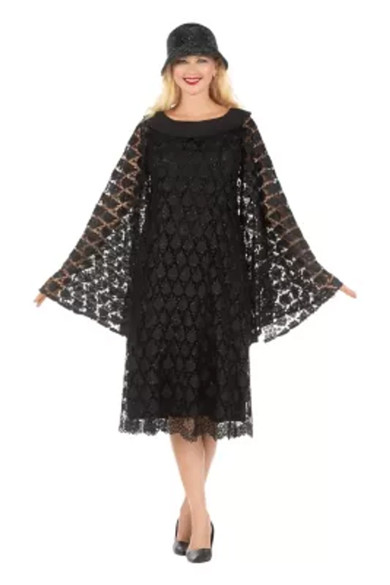 Luxurious Sequined Lace Shift Dress with Faux Cape and Rounded Lapel Collar