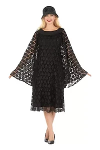 Luxurious Sequined Lace Shift Dress with Faux Cape and Rounded Lapel Collar