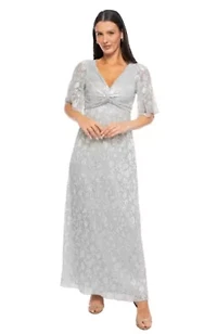 Pleated Silver Foil Knot Front Elbow Sleeve Gown