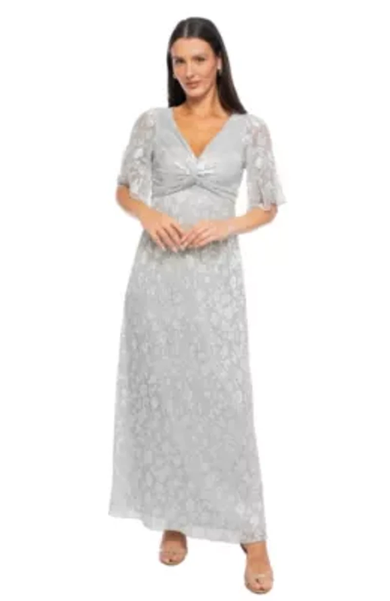 Pleated Silver Foil Knot Front Elbow Sleeve Gown