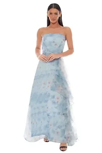 Strapless Floral Printed Organza Ruffle Skirt Gown