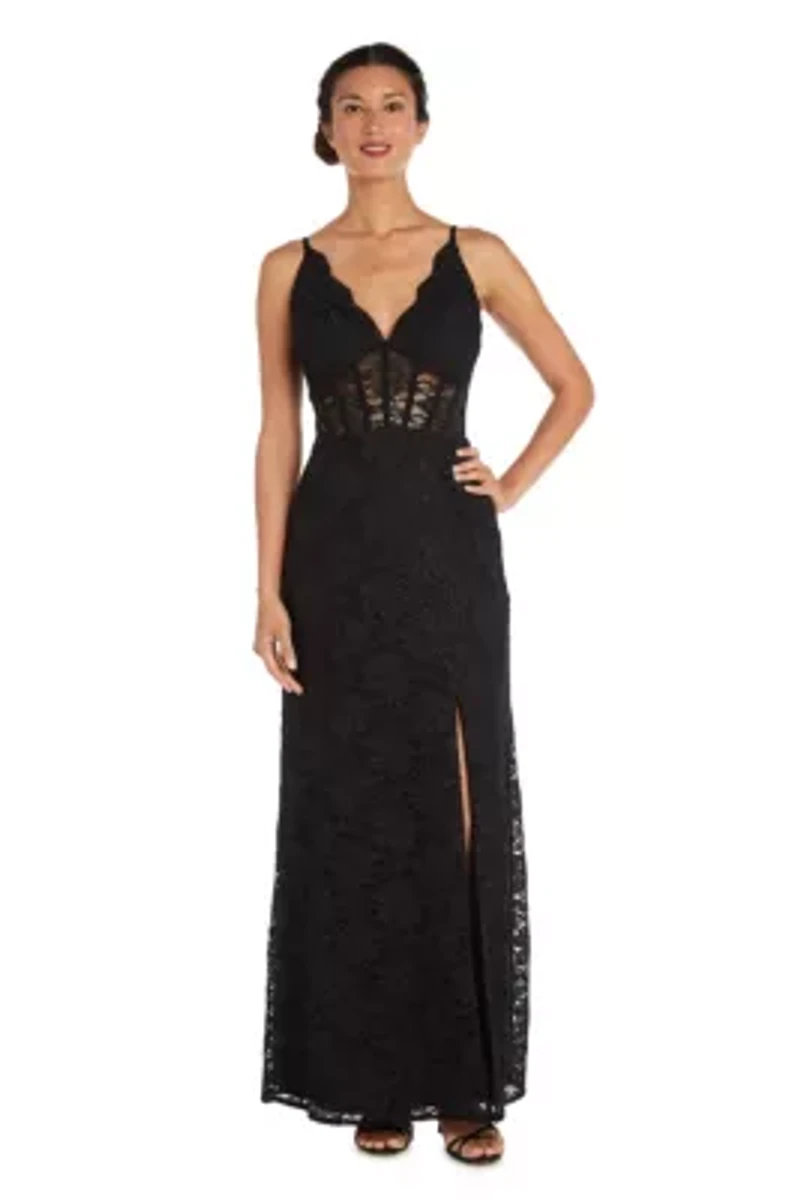 Long Lace Corset Scallop Bodice W/Illusion Detail And Spaghetti Straps