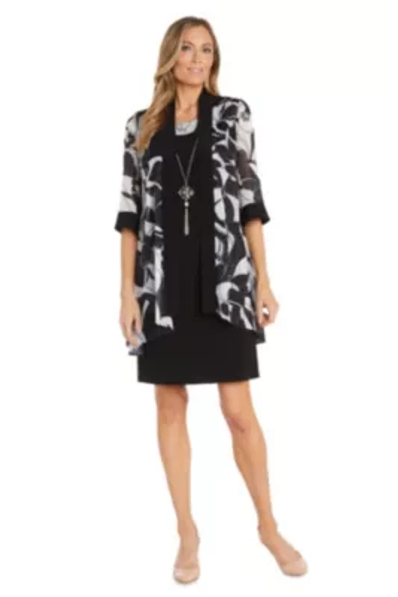 2Pc Printed Chiffon and Jersey Jacket Dress with Detachable Necklace