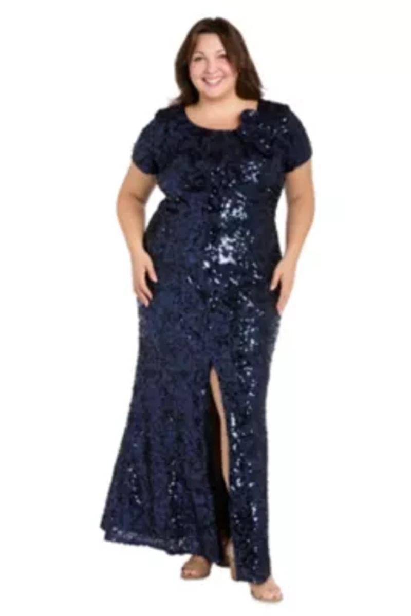Womens Long Stretch Sequin Cap Sleeve Gown with Flower Detail