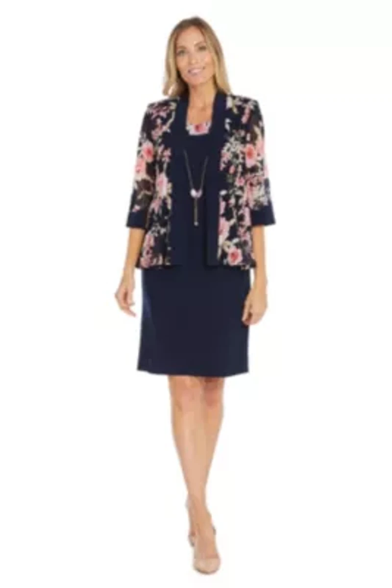 2Pc Floral Printed Jacket Dress with Detachable Necklace
