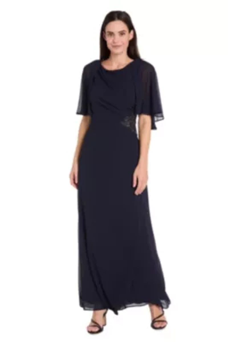 Missy Long Chiffon Dress with Capelet and Flower Detail at Waist