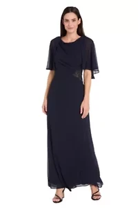 Missy Long Chiffon Dress with Capelet and Flower Detail at Waist