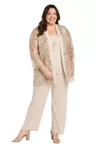 Plus 3pc Pantsuit with a Threadwork and Beaded Pattern Jacket