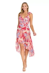 Petite 1Pc Faux Wrap Hi-Lo Dress with Shirred Waist