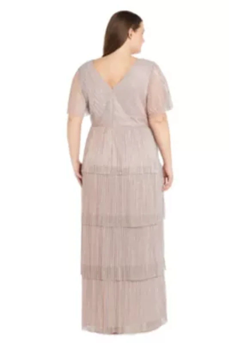 Long Tiered Crinkle Pleated Dress With Rhinestone Trim V Neckline And Flutter Sleeve