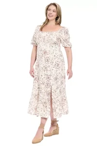 Puff Sleeve Square Neck Midi Dress