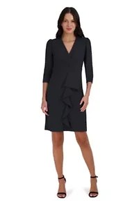 Women's 3/4 Sleeve V-Neck Solid Ruffle Dress