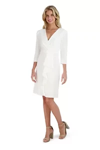 Women's 3/4 Sleeve V-Neck Solid Ruffle Dress