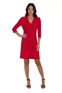 Women's 3/4 Sleeve V-Neck Solid Ruffle Dress