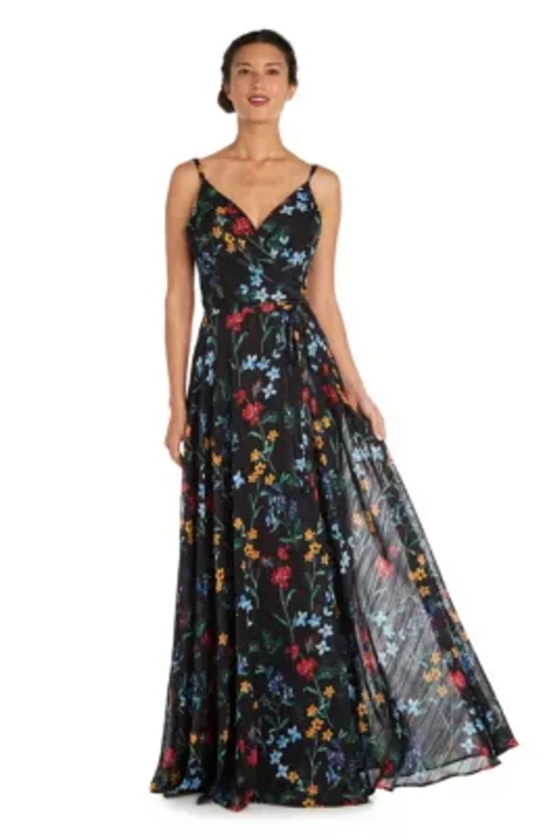 Long Floral Print W Spaghetti Straps And Mock Wrap Bodice