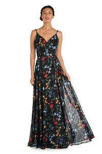 Long Floral Print W Spaghetti Straps And Mock Wrap Bodice