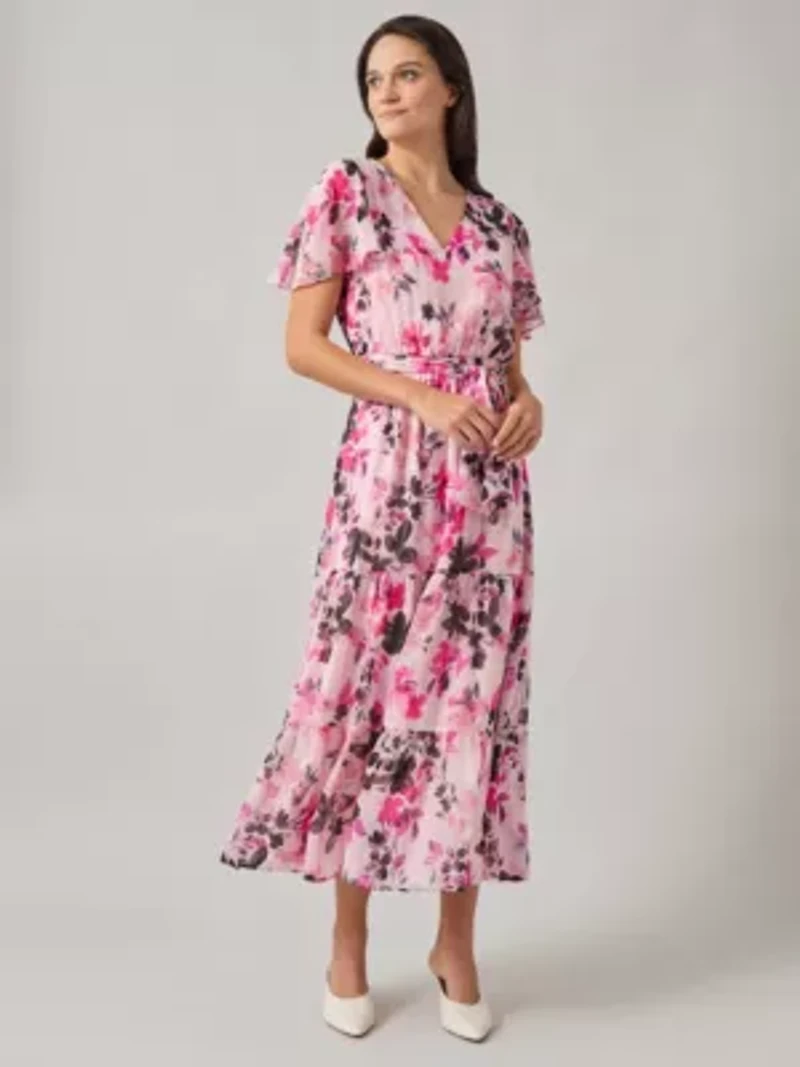Petite Flutter Sleeve Tiered Dress