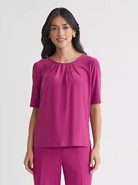 Petite Elbow Sleeve Pleat Neck Knit Top