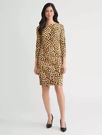 Petite Animal Print Rouched Knit Dress with Hardware