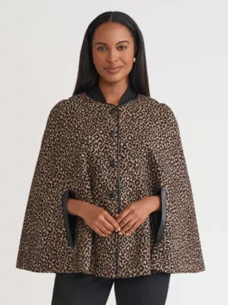 Petite Animal Jacquard Cape with Leather Trim