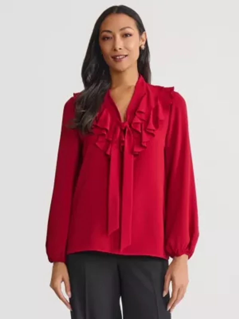 Petite Long Sleeve Ruffle Front Blouse with Tie