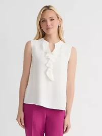 Petite Crepe Sleeveless Ruffle Front Blouse