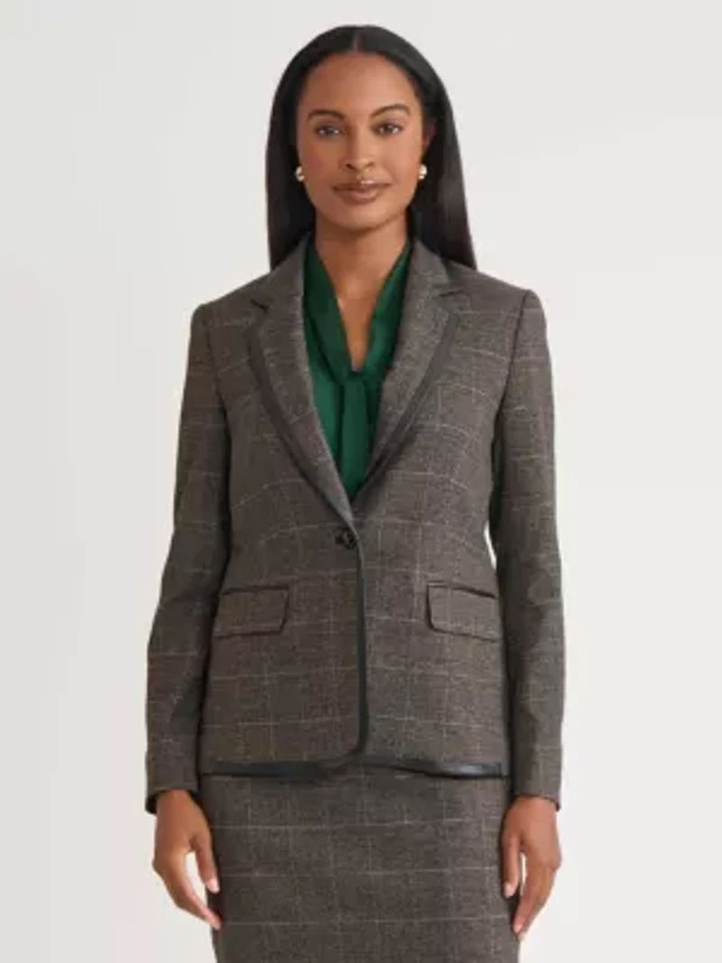 Women's Plaid One Button Jacket with Leather Framing