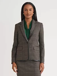 Women's Plaid One Button Jacket with Leather Framing