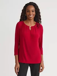 Petite Three Quarter Sleeve Pleat Neck Knit Top