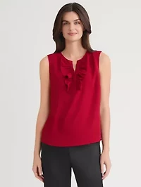 Petite Sleeveless Split Neck Blouse with Ruffle