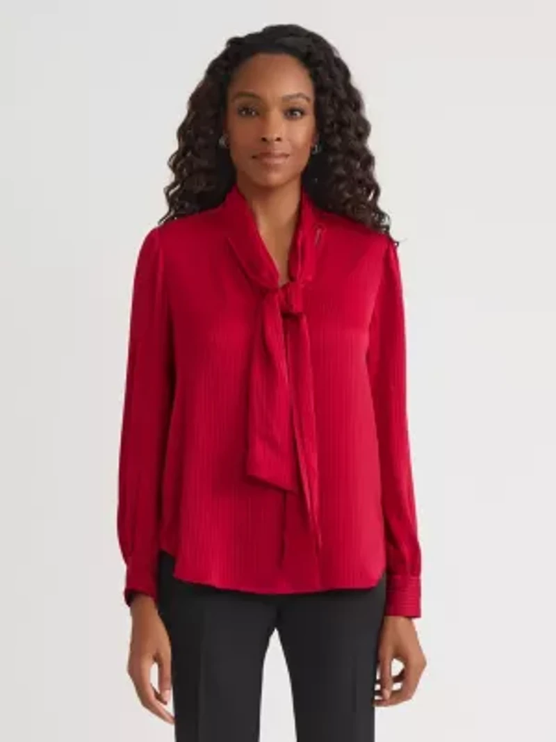 Petite Satin Stripe Long Sleeve Bow Blouse