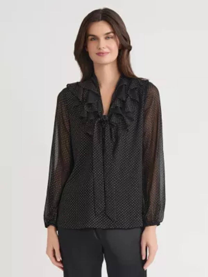 Petite Foil Dot Long Sleeve Ruffle Front Blouse