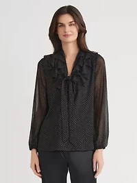 Petite Foil Dot Long Sleeve Ruffle Front Blouse