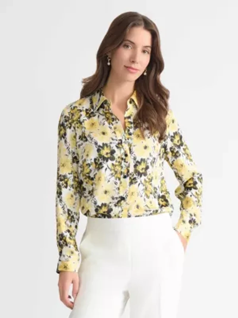 Women's Floral Print Long Sleeve Button Front Blouse