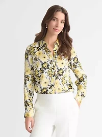 Petite Floral Print Long Sleeve Button Front Blouse