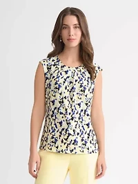Petite Multi Print Extended Shoulder Pleat Neck Knit Top with Hardware
