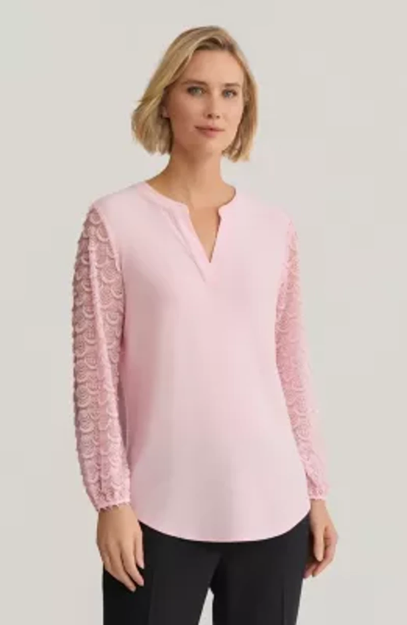 Long Sleeve Split Neck Lace Knit Top