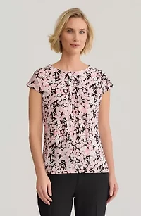 Mini Floral Print Cap Sleeve Pleat Front Knit Top