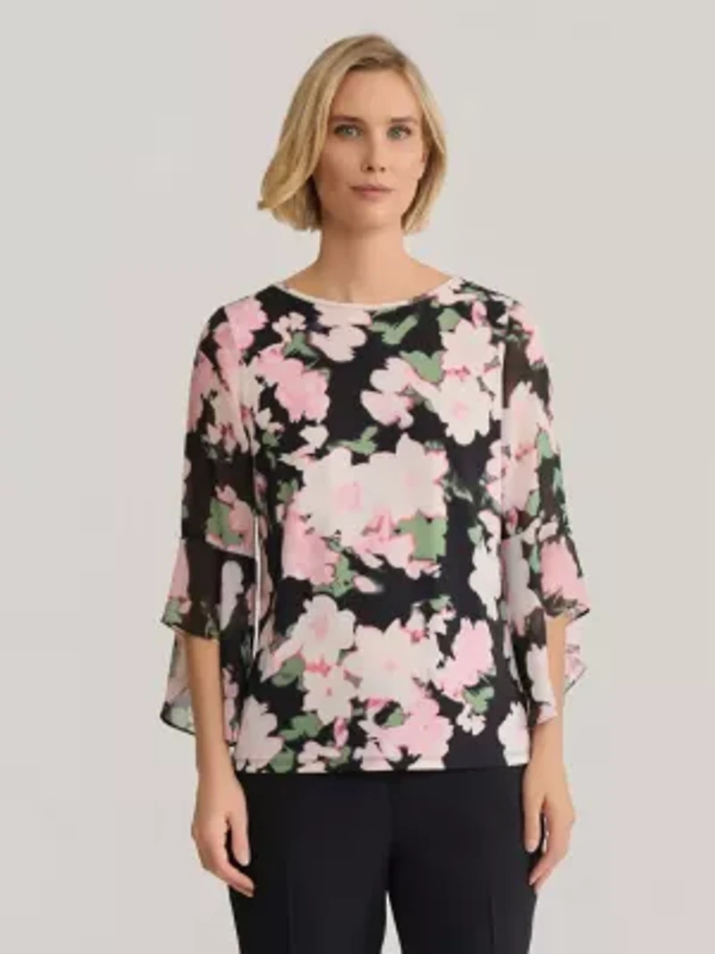 Multi Floral Print Ruffle Sleeve Knit Top