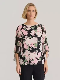 Multi Floral Print Ruffle Sleeve Knit Top