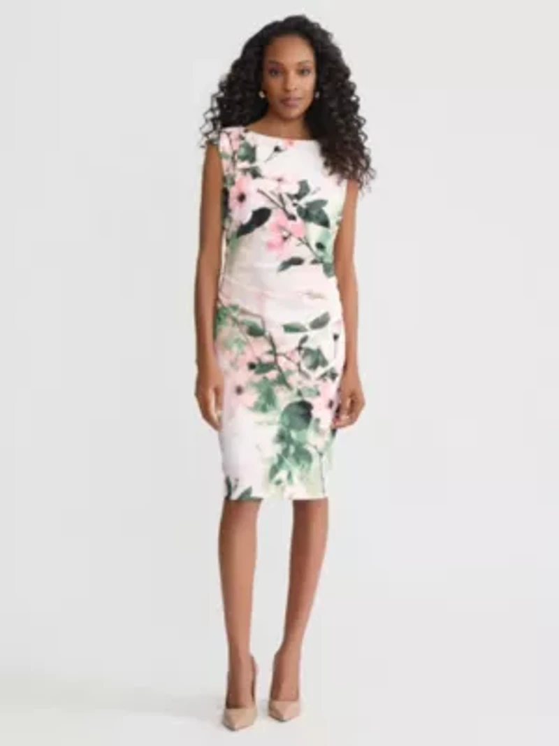 Floral Print Scuba Crepe Side Pleat Dress