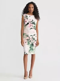 Floral Print Scuba Crepe Side Pleat Dress