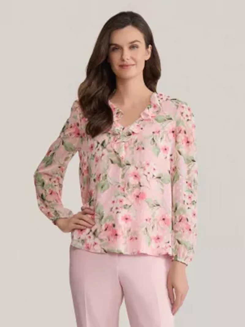 Clip Dot Floral Ruffle Front V-Neck Blouse
